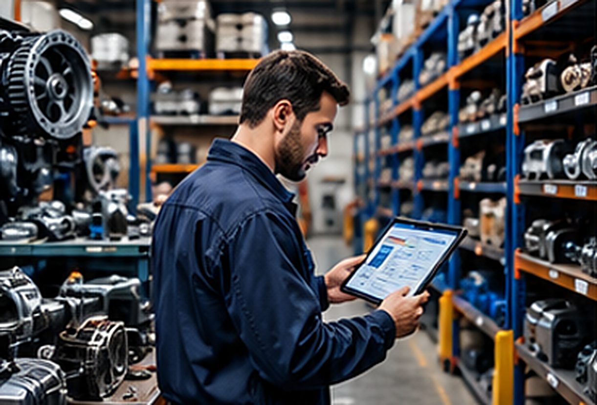 Warehouse manager using ERP software on a tablet