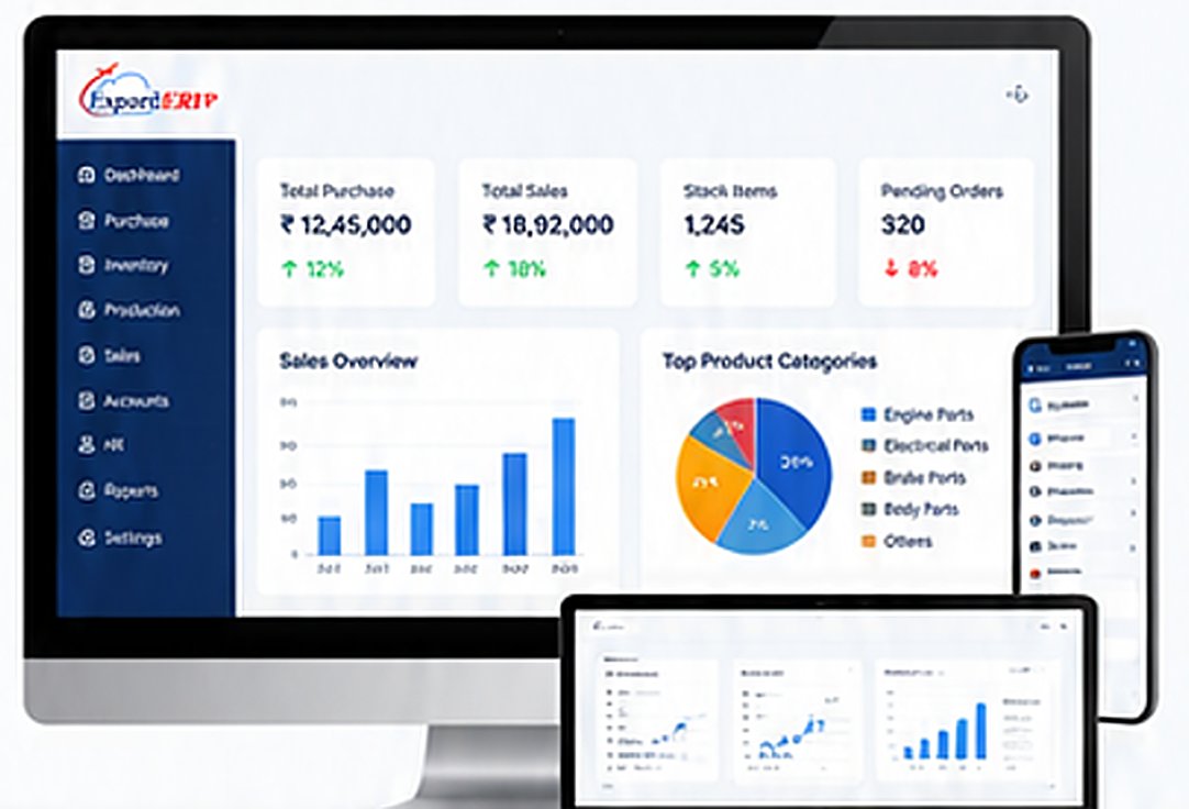 ExportERP dashboard on desktop, tablet and mobile